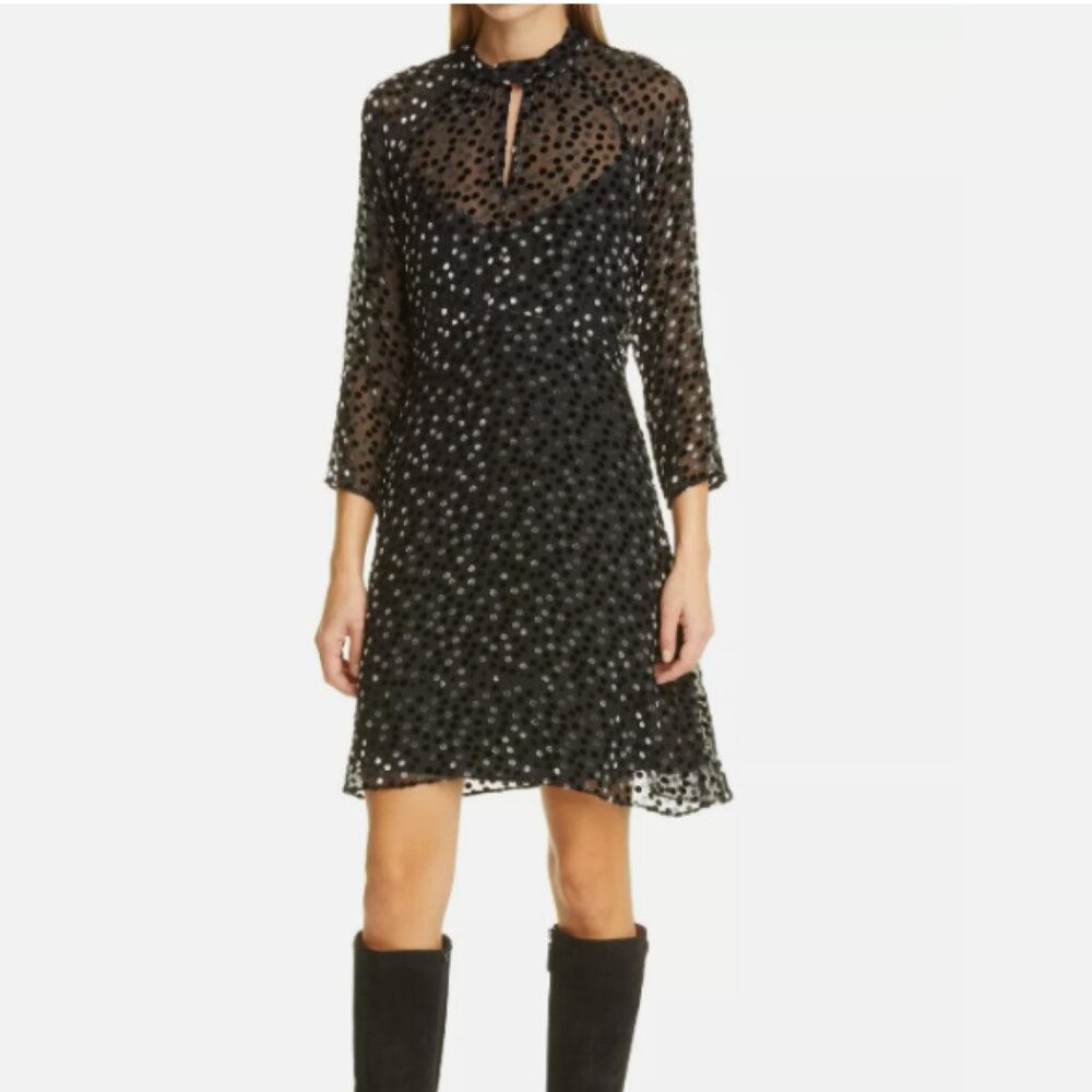 Rebecca Taylor Womens Dress Velvet-Dot Keyhole A-Line Black NWT